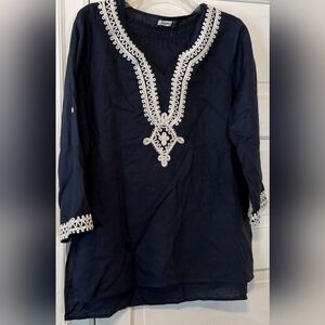 Symple NYC Tunic L Embroidered 100% Linen Navy Blue Boho Coastal